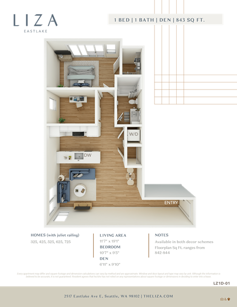 Liza Apartment 3D floor plan - 1x1 843 sqft